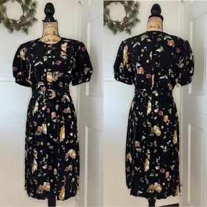 Vintage 80s Black Floral Pleated Polyester Midi Dress